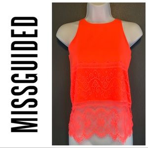Missguided Neon Coral Sleeveless Lace Hem Top Sz 4
